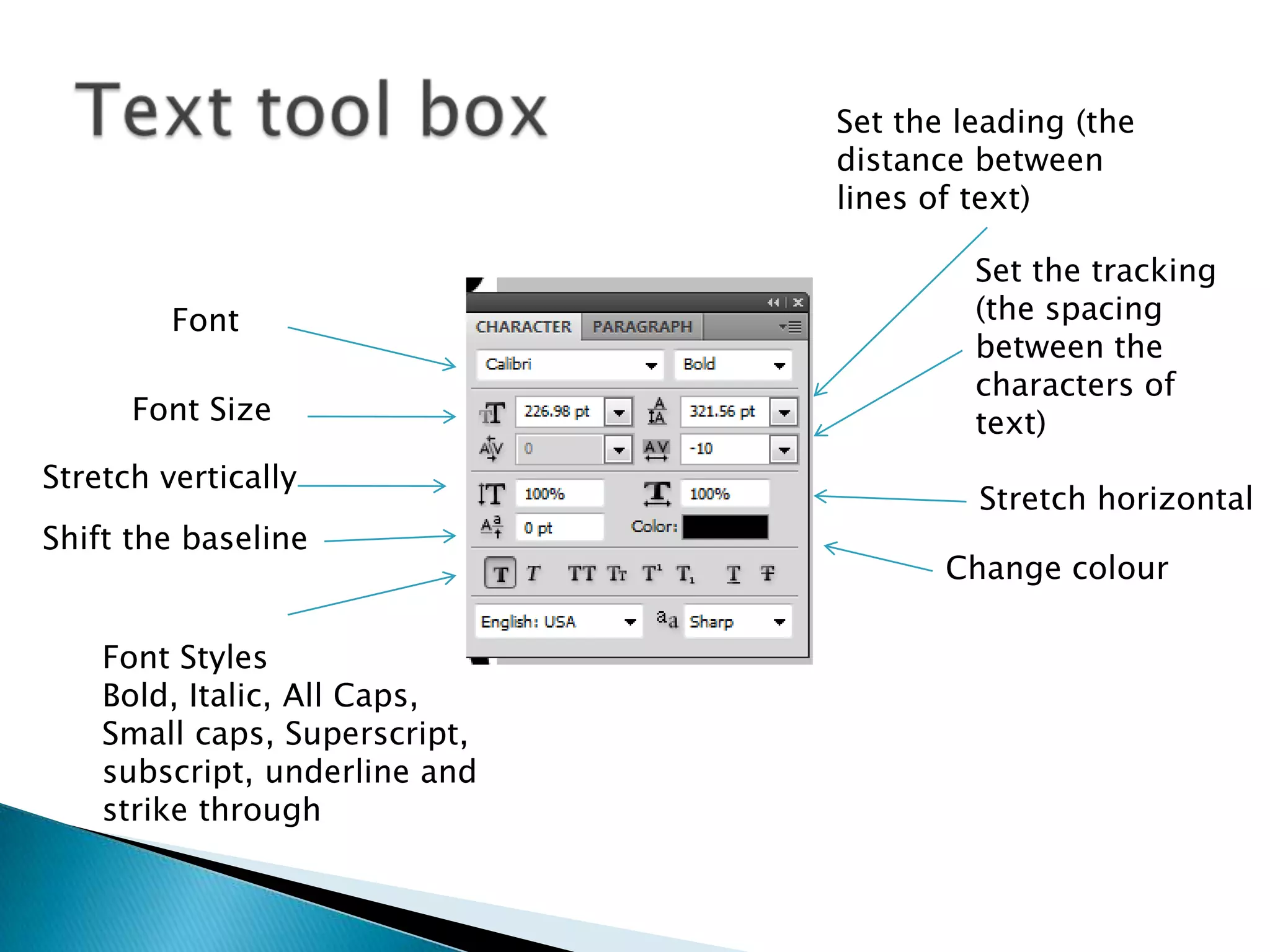 Set the leading (the
distance between
lines of text)
Font
Font Size
Stretch vertically
Shift the baseline
Font Styles
Bold, Italic, All Caps,
Small caps, Superscript,
subscript, underline and
strike through
Set the tracking
(the spacing
between the
characters of
text)
Stretch horizontal
Change colour
