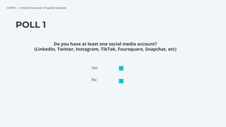 CARTO — Unlock the power of spatial analysis
POLL 1
Do you have at least one social media account?
(LinkedIn, Twitter, Ins...