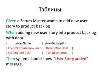 Таблицы
Given a Scrum Master wants to add new user
story to product backlog
When adding new user story into product backlog
with data
|      storyName         | storyDescription |
| US-309 Create new user | Description-Test |
| US-310 Edit user       | Full Description |
Then system should show “User Story added”
message
 