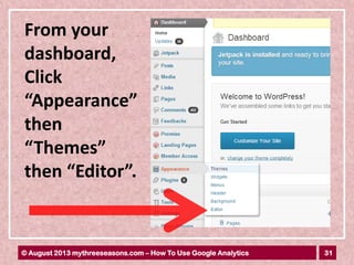 31© August 2013 mythreeseasons.com – How To Use Google Analytics
From your
dashboard,
Click
“Appearance”
then
“Themes”
then “Editor”.
 