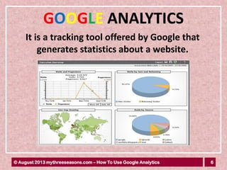 6© August 2013 mythreeseasons.com – How To Use Google Analytics
GOOGLE ANALYTICS
It is a tracking tool offered by Google that
generates statistics about a website.
 