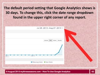 62© August 2013 mythreeseasons.com – How To Use Google Analytics
The default period setting that Google Analytics shows is
30 days. To change this, click the date range dropdown
found in the upper right corner of any report.
 