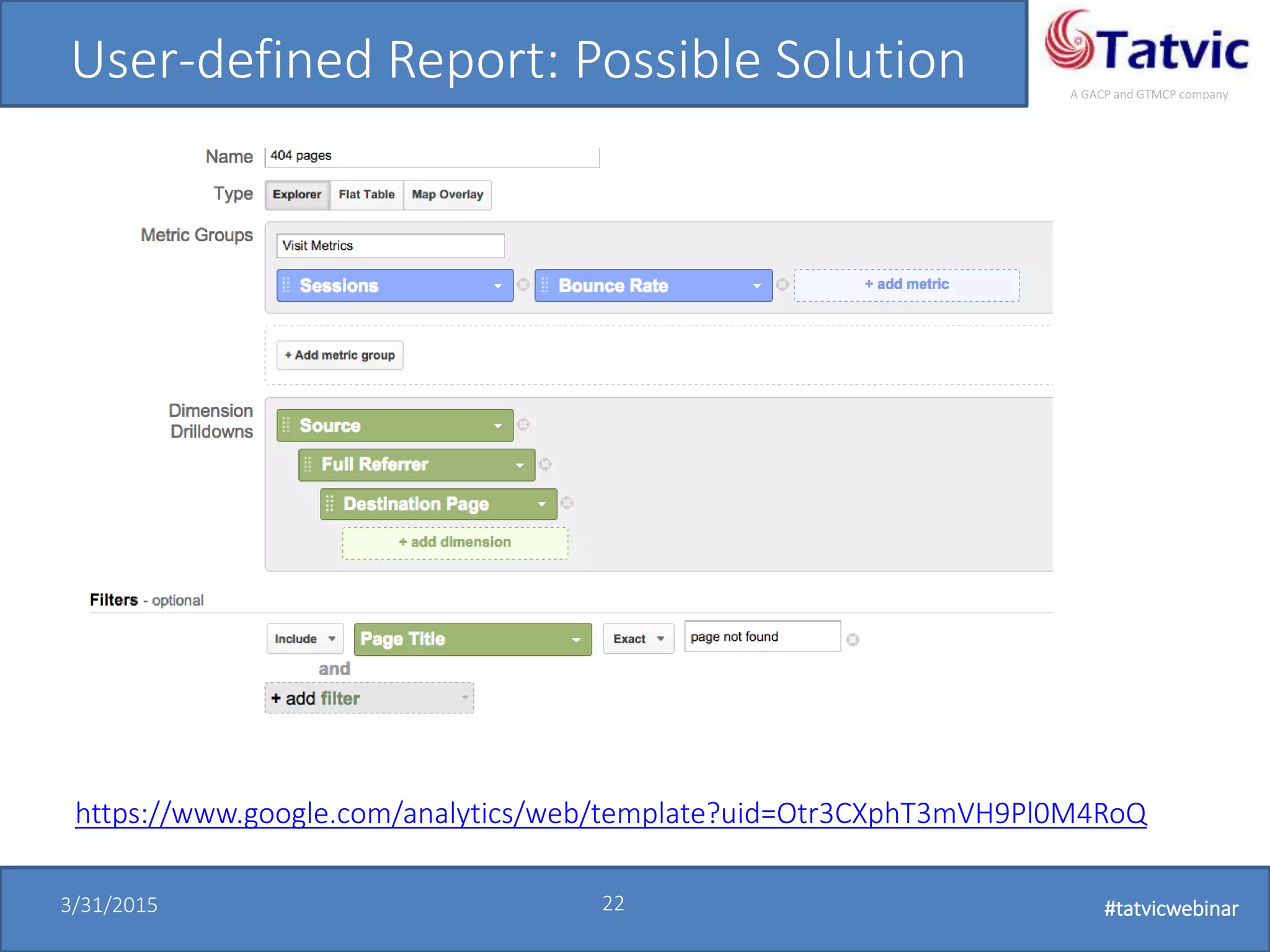 #tatvicwebinar
A GACP and GTMCP company
3/31/2015 22 #tatvicwebinar
User-defined Report: Possible Solution
https://www.google.com/analytics/web/template?uid=Otr3CXphT3mVH9Pl0M4RoQ
 