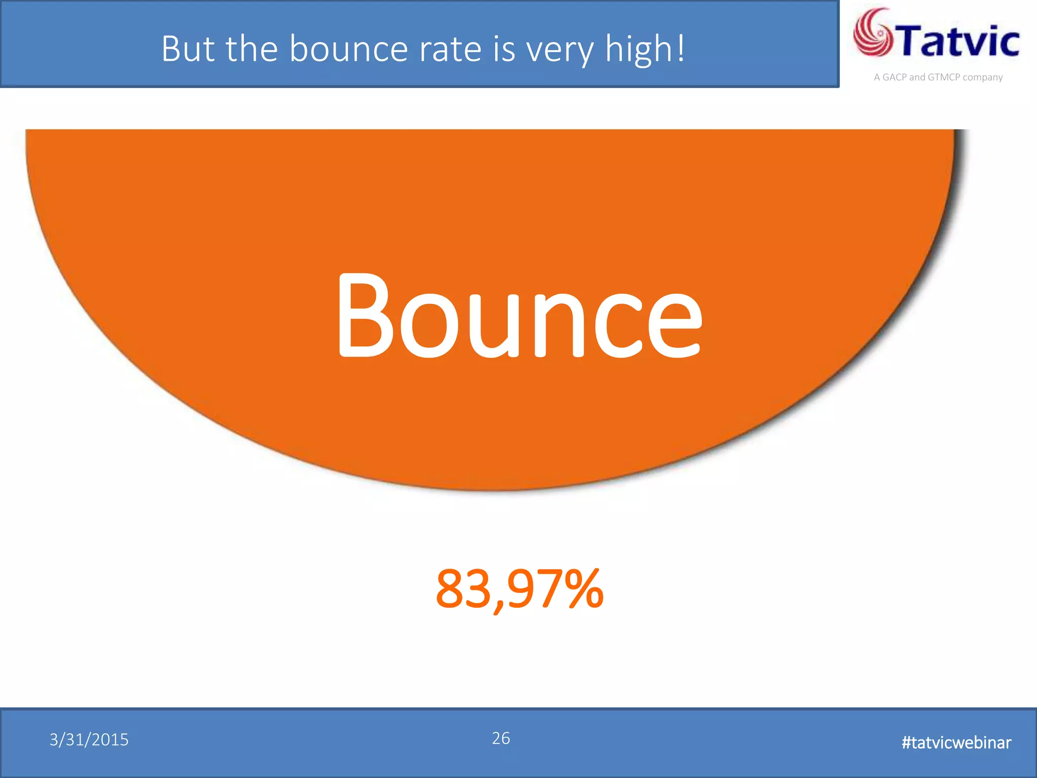 #tatvicwebinar
A GACP and GTMCP company
3/31/2015 26 #tatvicwebinar
But the bounce rate is very high!
Bounce
83,97%
 