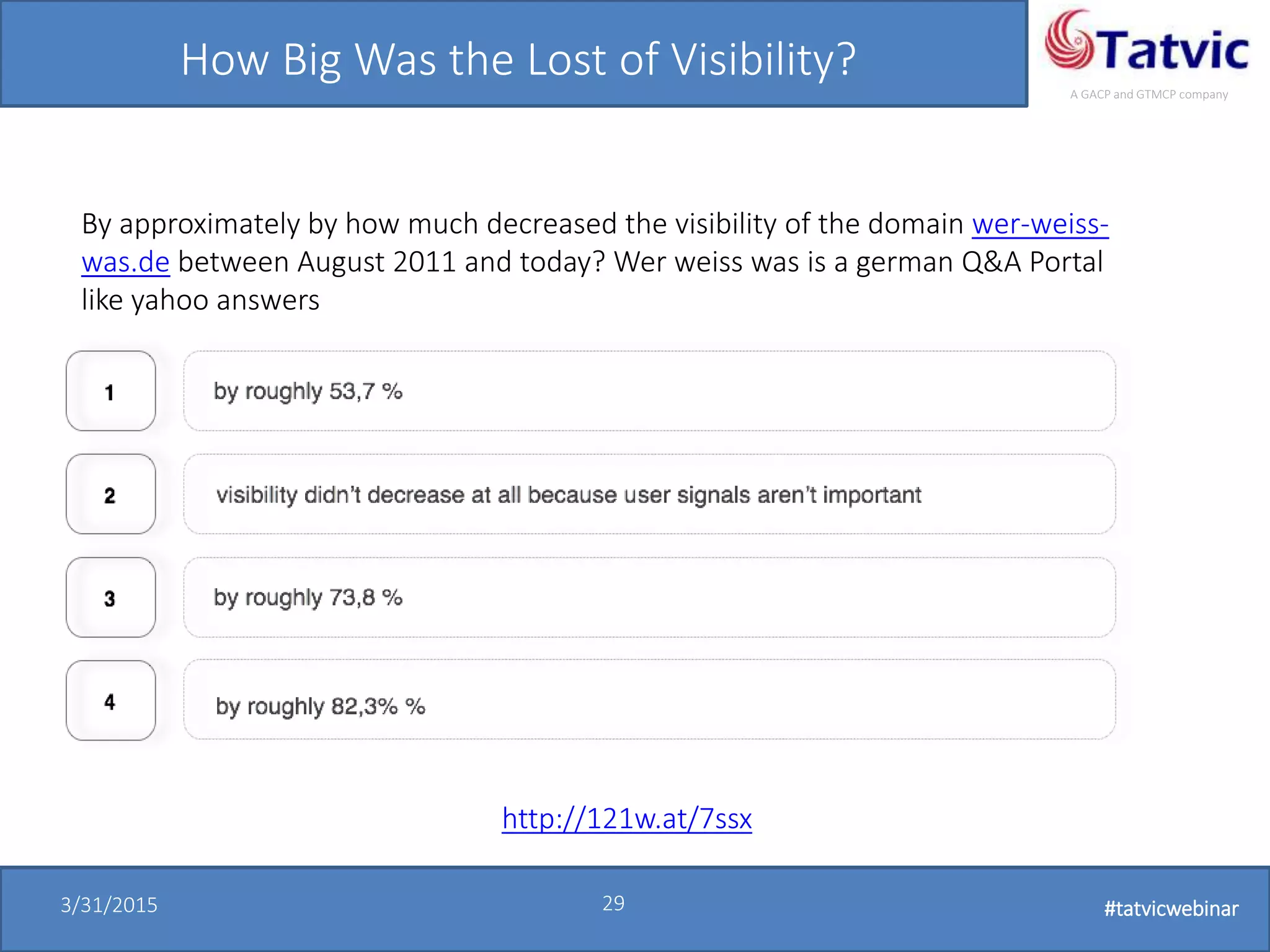 #tatvicwebinar
A GACP and GTMCP company
3/31/2015 29 #tatvicwebinar
How Big Was the Lost of Visibility?
http://121w.at/7ssx
By approximately by how much decreased the visibility of the domain wer-weiss-
was.de between August 2011 and today? Wer weiss was is a german Q&A Portal
like yahoo answers
 