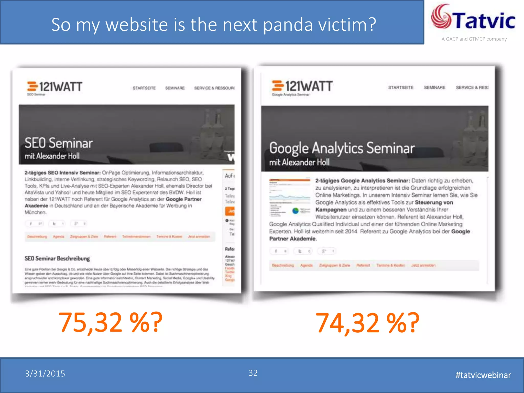 #tatvicwebinar
A GACP and GTMCP company
3/31/2015 32 #tatvicwebinar
So my website is the next panda victim?
75,32 %? 74,32 %?
 