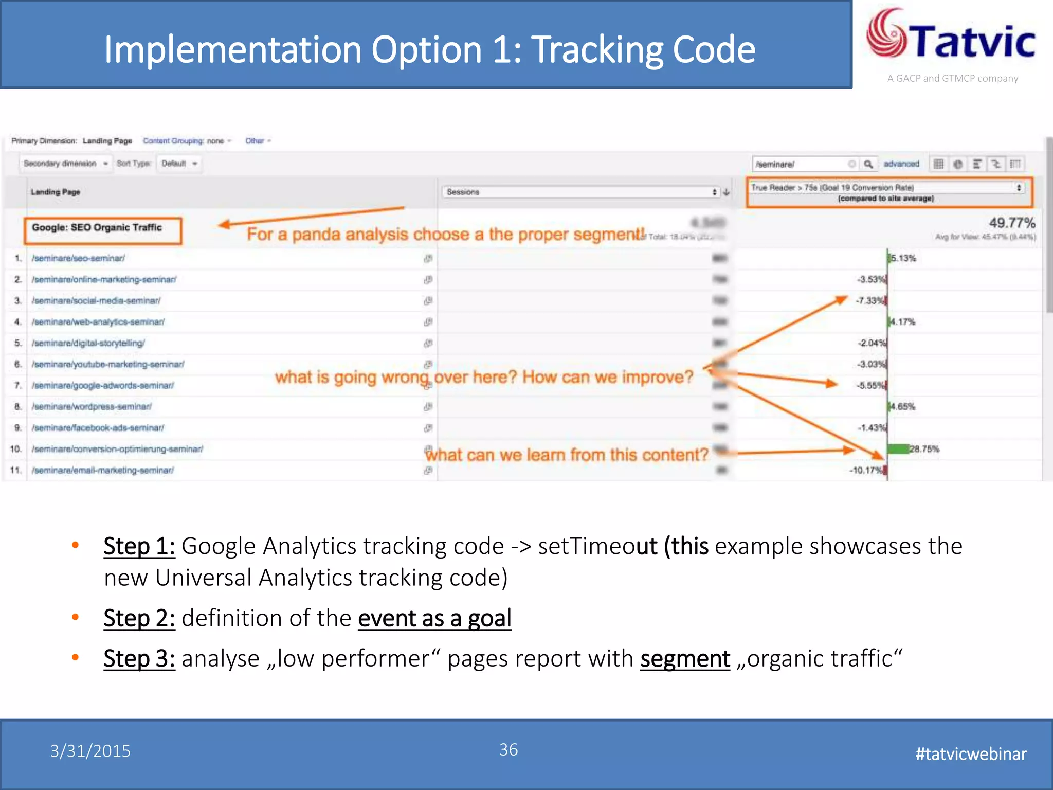 #tatvicwebinar
A GACP and GTMCP company
3/31/2015 36 #tatvicwebinar
Implementation Option 1: Tracking Code
• Step 1: Google Analytics tracking code -> setTimeout (this example showcases the
new Universal Analytics tracking code)
• Step 2: definition of the event as a goal
• Step 3: analyse „low performer“ pages report with segment „organic traffic“
 