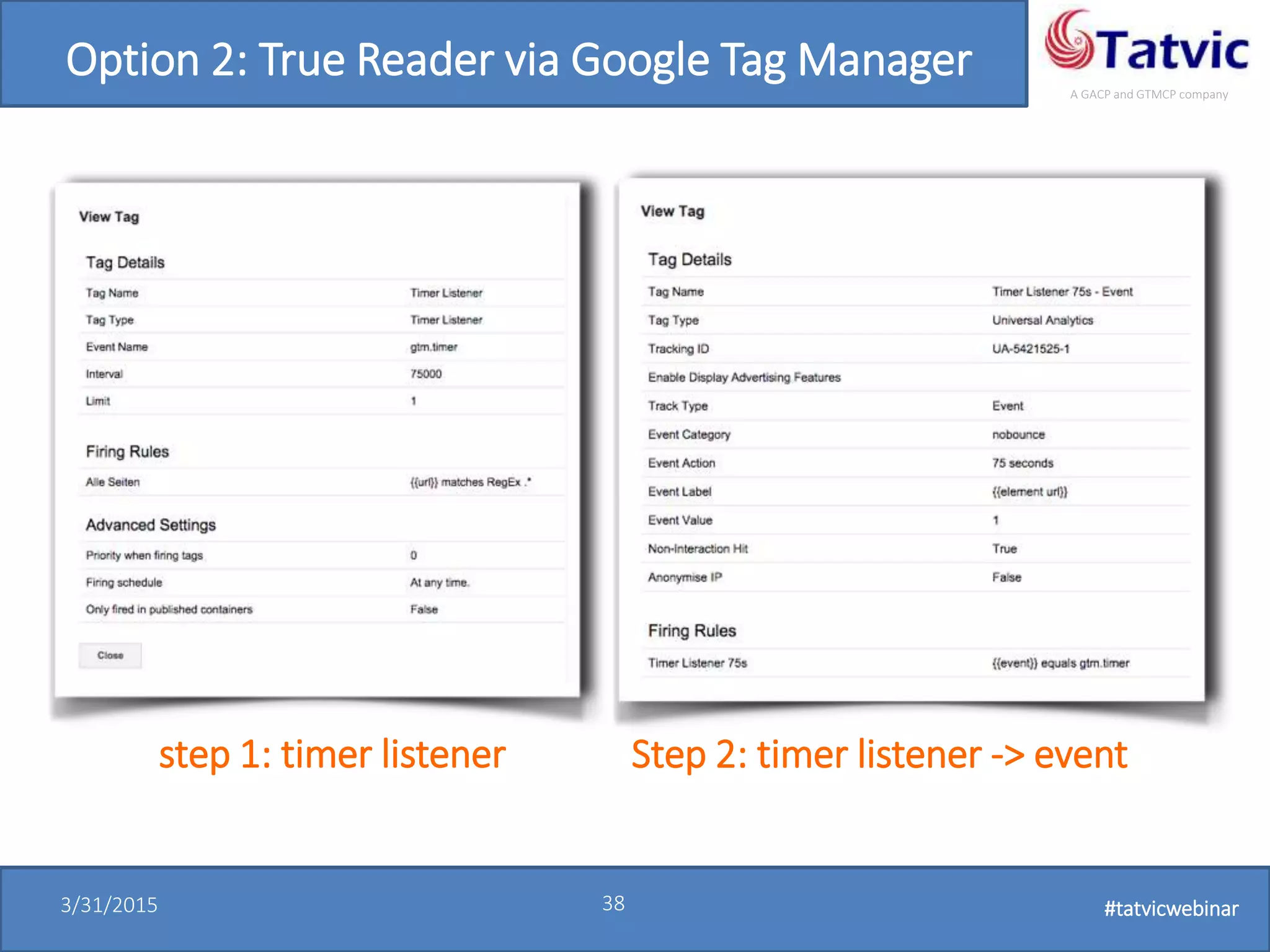 #tatvicwebinar
A GACP and GTMCP company
3/31/2015 38 #tatvicwebinar
Option 2: True Reader via Google Tag Manager
step 1: timer listener Step 2: timer listener -> event
 
