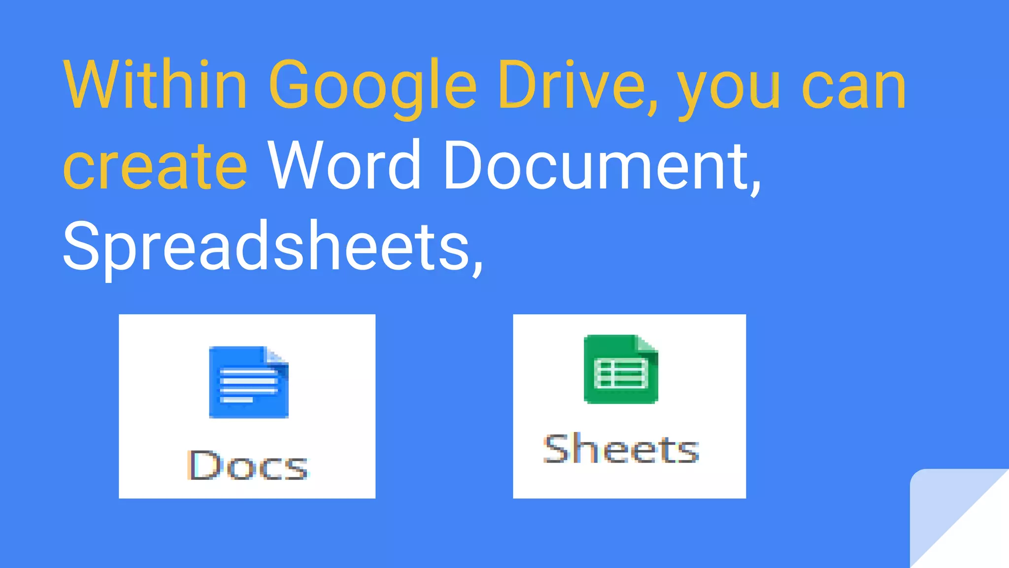 Within Google Drive, you can
create Word Document,
Spreadsheets,
 