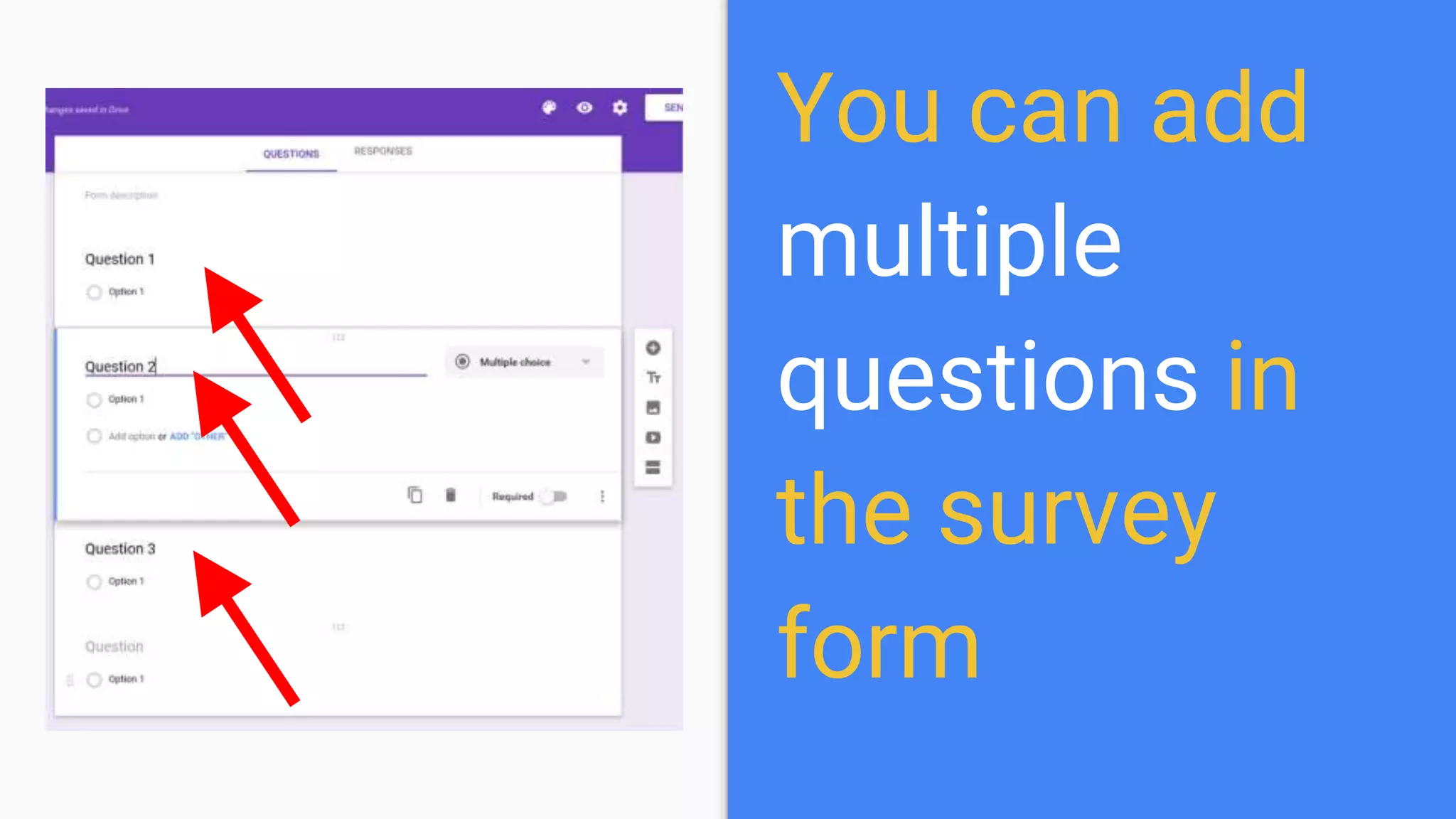 You can add
multiple
questions in
the survey
form
 