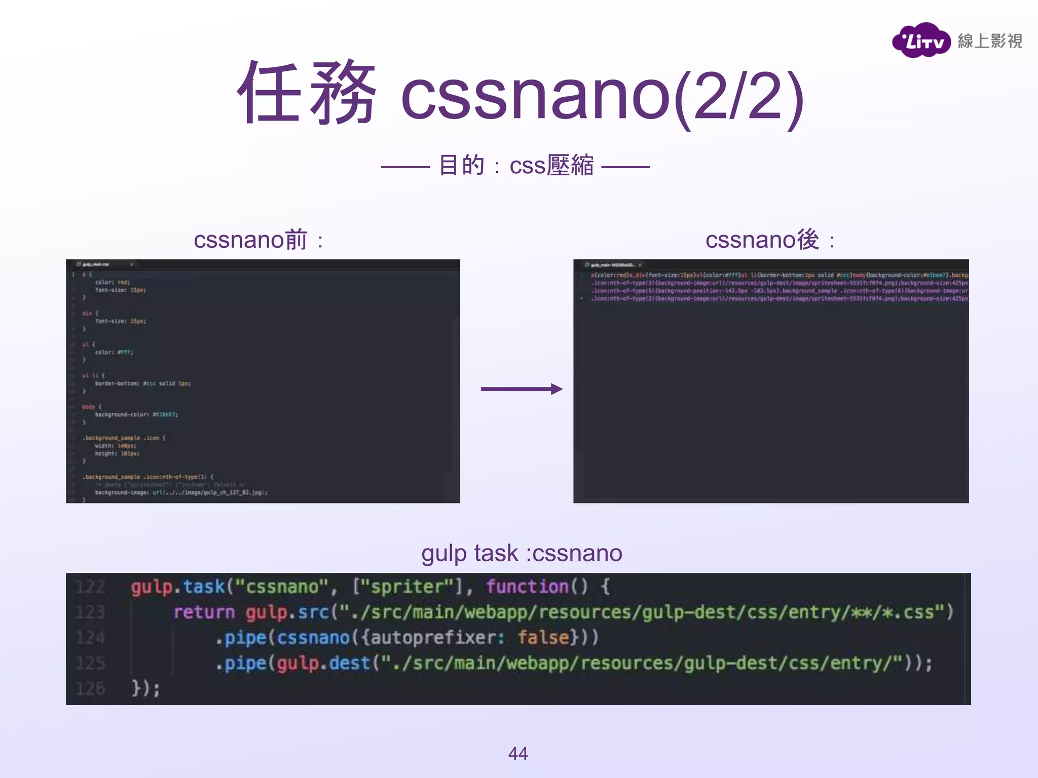 cssnano前： cssnano後：
任務 cssnano(2/2)
—— 目的：css壓縮 ——
gulp task :cssnano
44
 