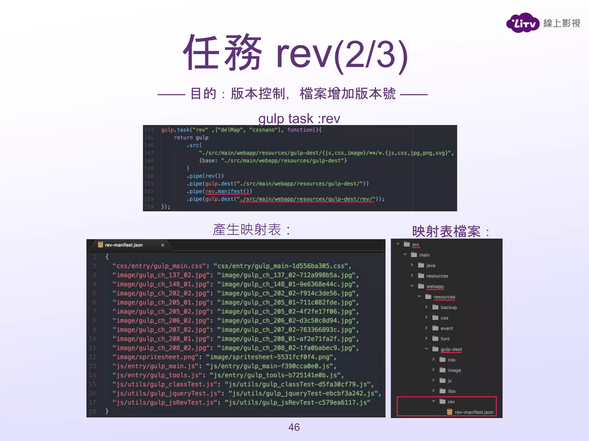 gulp task :rev
任務 rev(2/3)
—— 目的：版本控制，檔案增加版本號 ——
產生映射表： 映射表檔案：
46
 