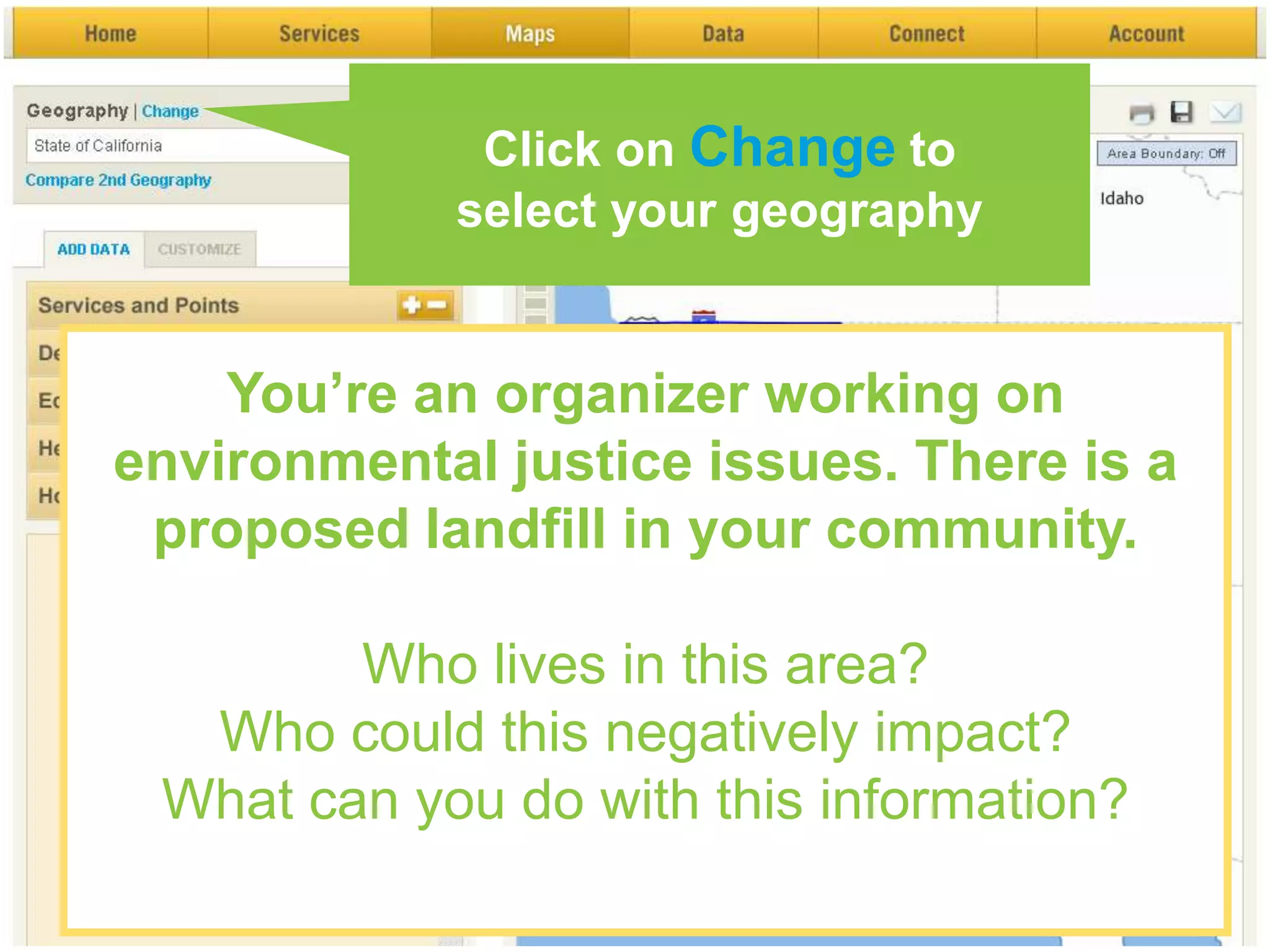 Types of Data on HealthyCity.orgServices & PointsSocial Services & NonprofitsHospitals and FQHCsPublic & Private SchoolsGrocery Stores & WIC VendorsAlcohol Outlets & Toxic SitesAnd much more…