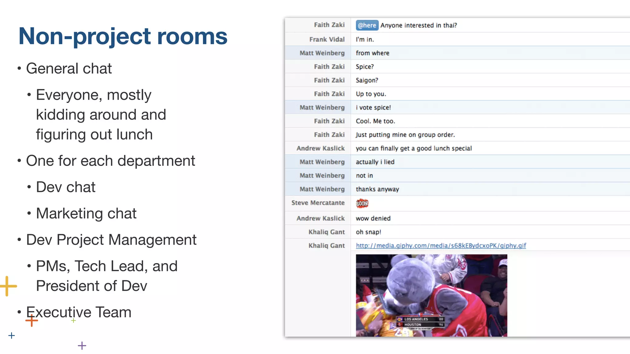Non-project rooms
• General chat
• Everyone, mostly
kidding around and
figuring out lunch
• One for each department
• Dev chat
• Marketing chat
• Dev Project Management
• PMs, Tech Lead, and
President of Dev
• Executive Team
