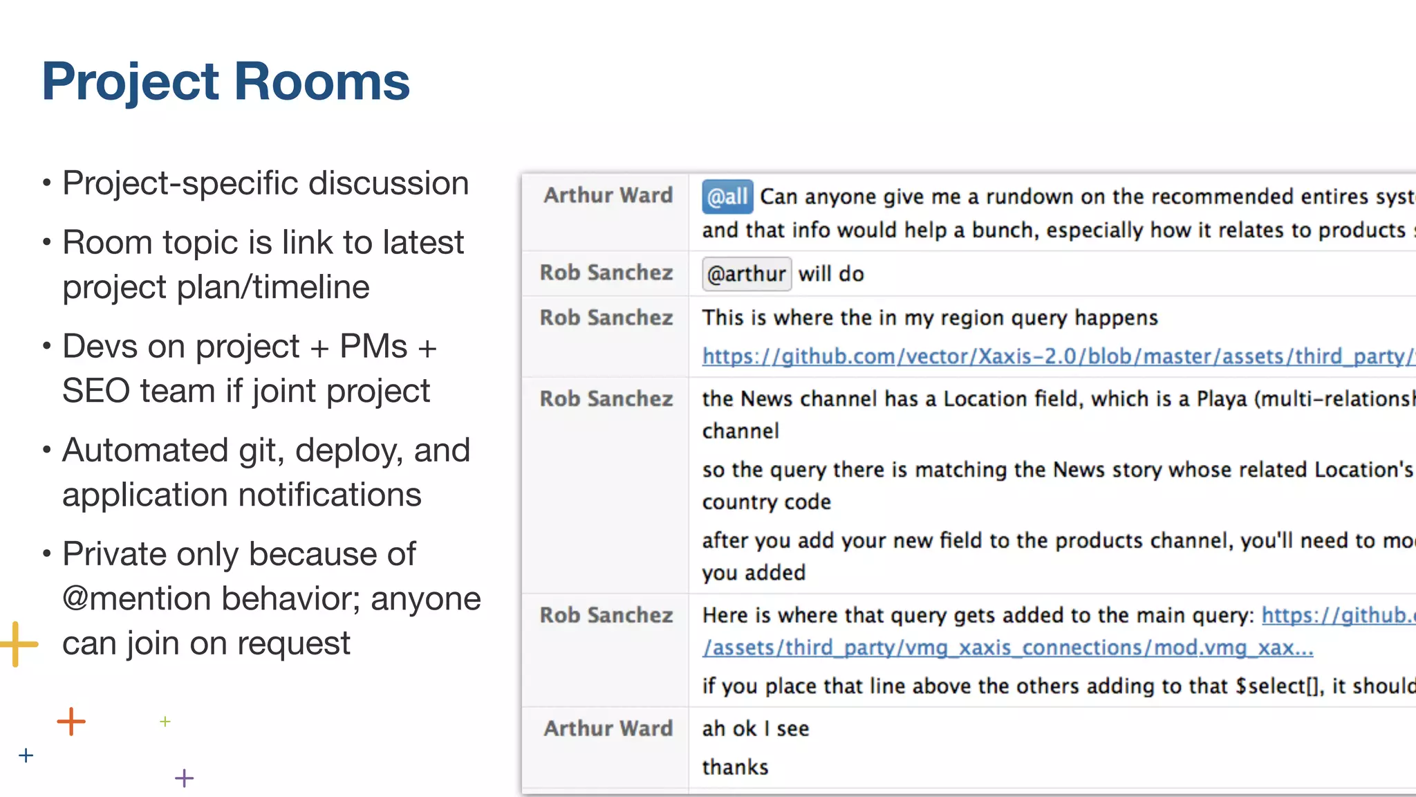 Project Rooms
• Project-specific discussion
• Room topic is link to latest
project plan/timeline
• Devs on project + PMs +
SEO team if joint project
• Automated git, deploy, and
application notifications
• Private only because of
@mention behavior; anyone
can join on request