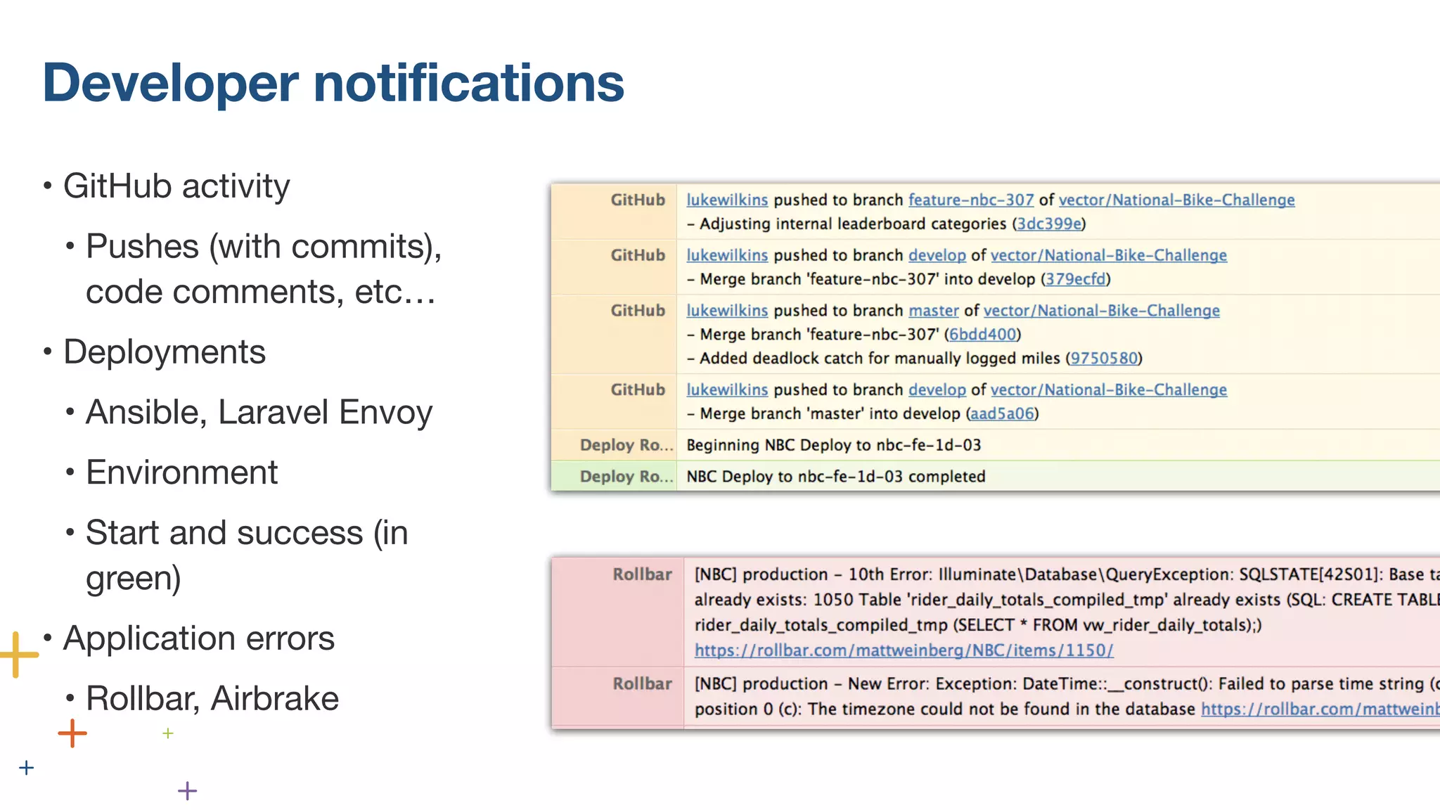 Developer notifications
• GitHub activity
• Pushes (with commits),
code comments, etc…
• Deployments
• Ansible, Laravel Envoy
• Environment
• Start and success (in
green)
• Application errors
• Rollbar, Airbrake