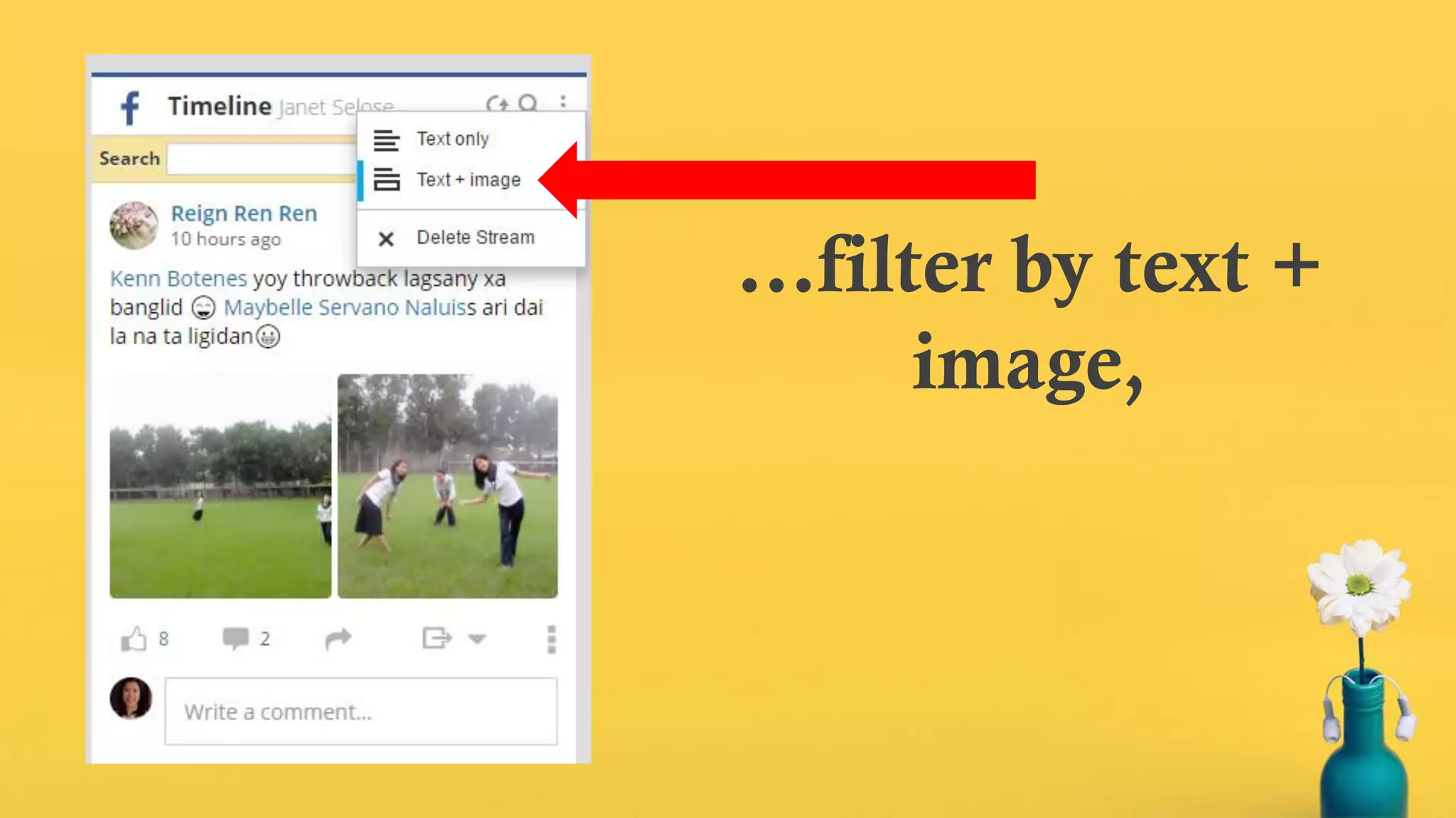 …filter by text +
image,
 