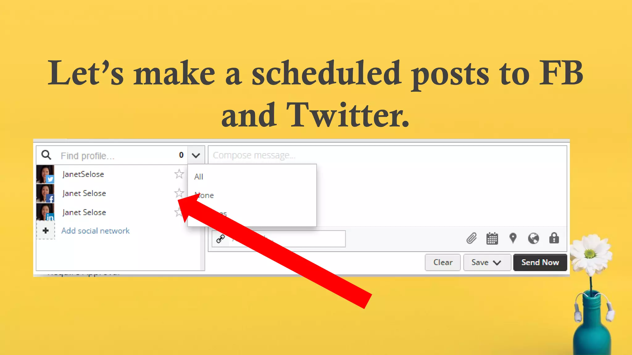 Let’s make a scheduled posts to FB
and Twitter.
 