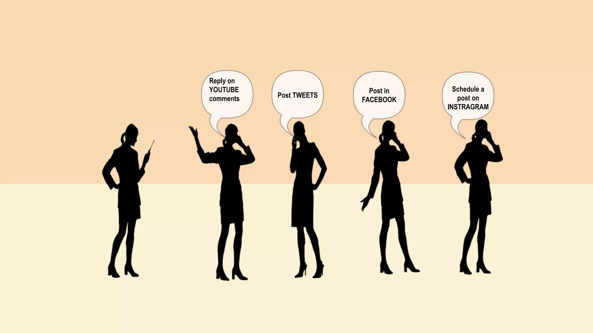 Reply on
YOUTUBE
comments Post TWEETS
Post in
FACEBOOK
Schedule a
post on
INSTRAGRAM
 