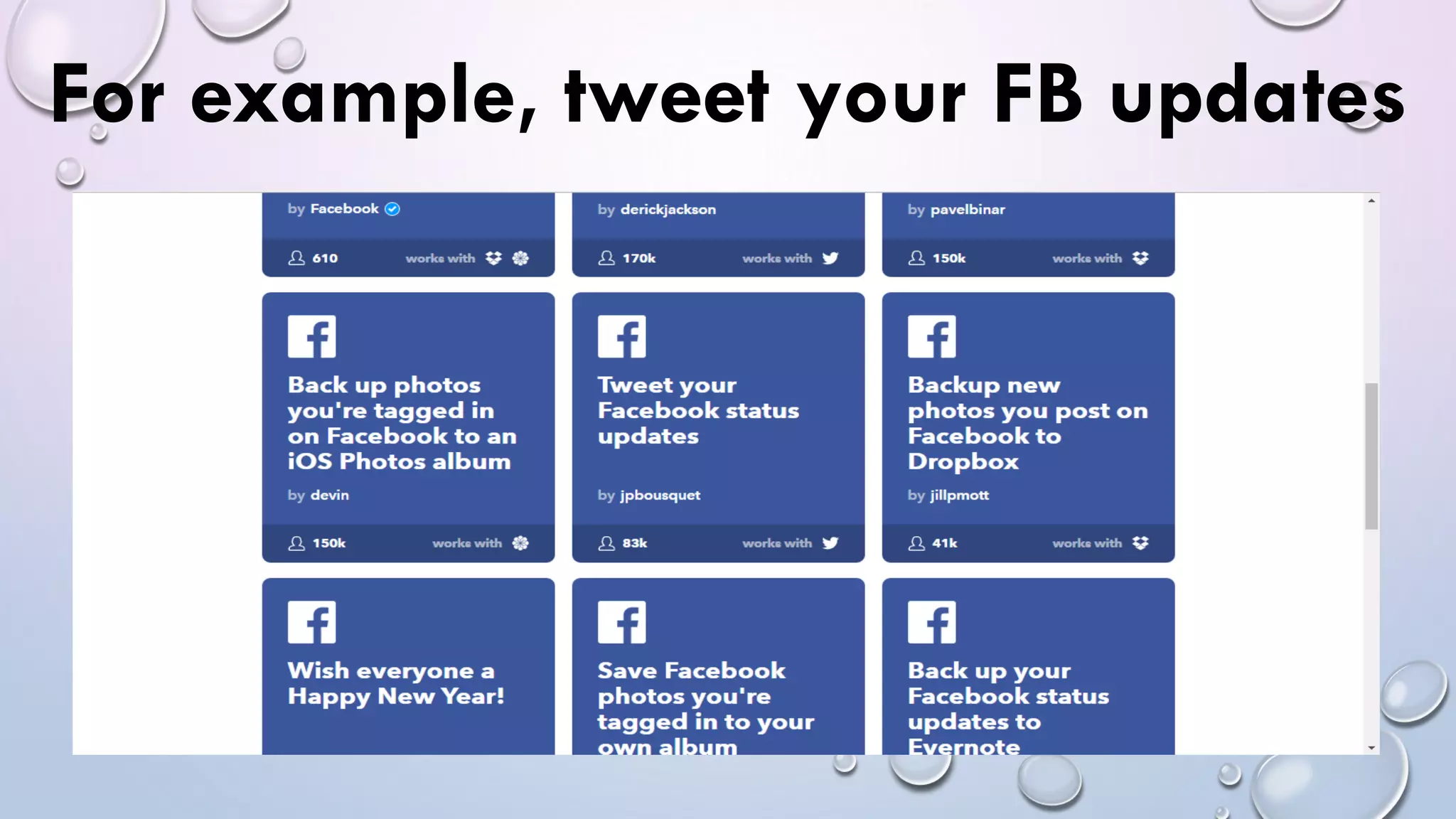 For example, tweet your FB updates
 