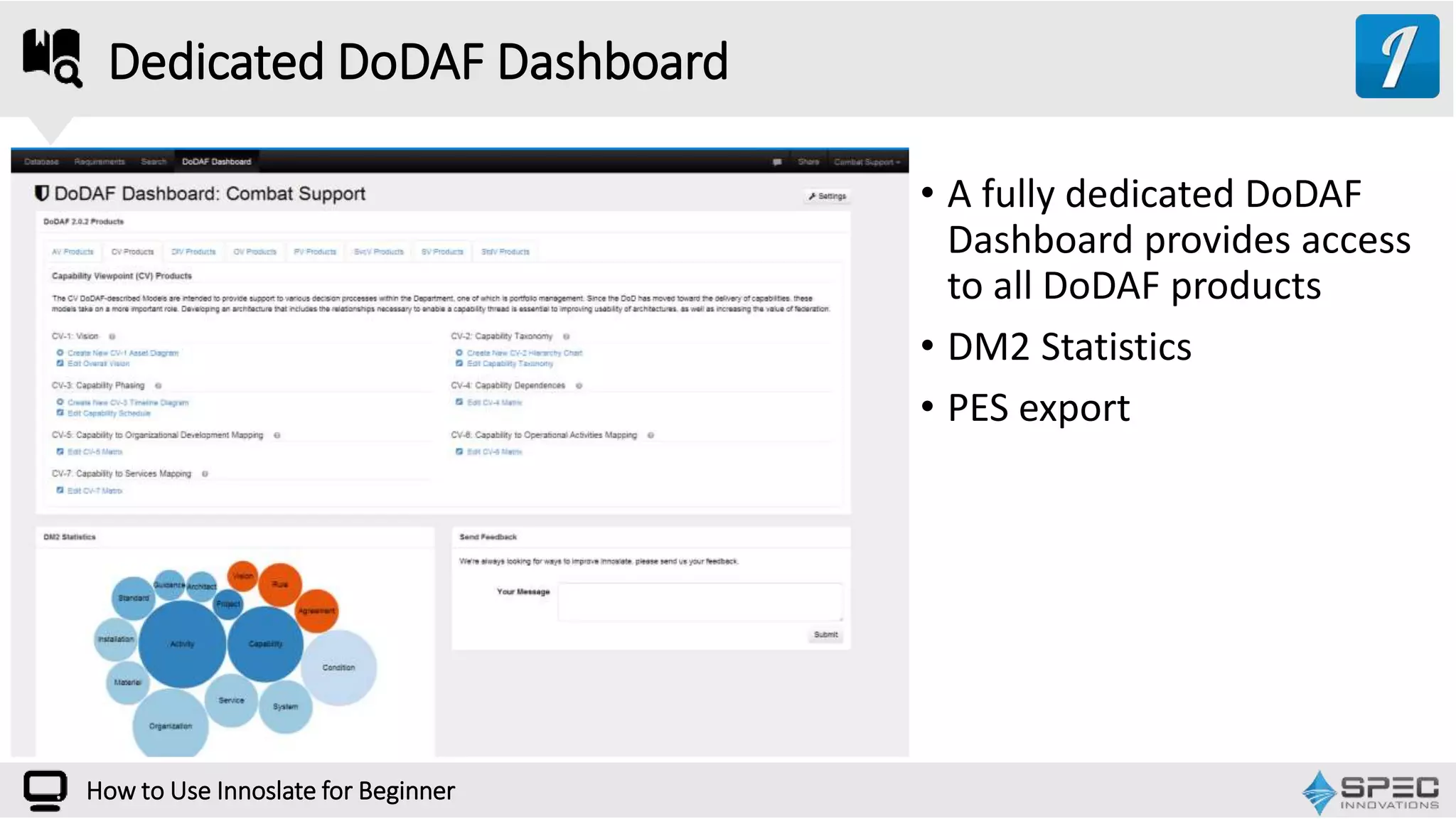 How to Use Innoslate for Beginner
Dedicated DoDAF Dashboard
• A fully dedicated DoDAF
Dashboard provides access
to all DoDAF products
• DM2 Statistics
• PES export
 