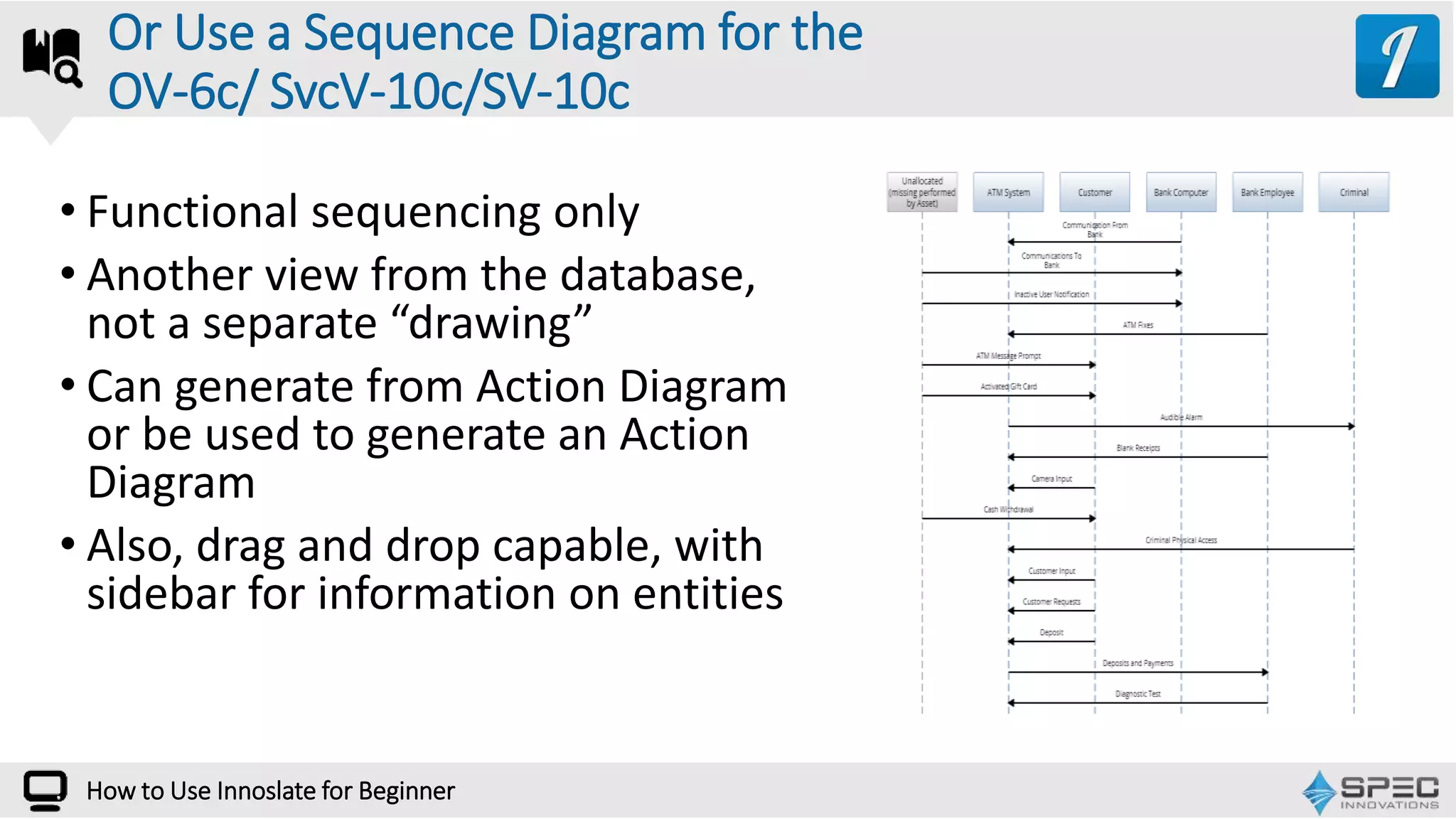 How to Use Innoslate for Beginner
• Functional sequencing only
• Another view from the database,
not a separate “drawing”
• Can generate from Action Diagram
or be used to generate an Action
Diagram
• Also, drag and drop capable, with
sidebar for information on entities
Or Use a Sequence Diagram for the
OV-6c/ SvcV-10c/SV-10c
 