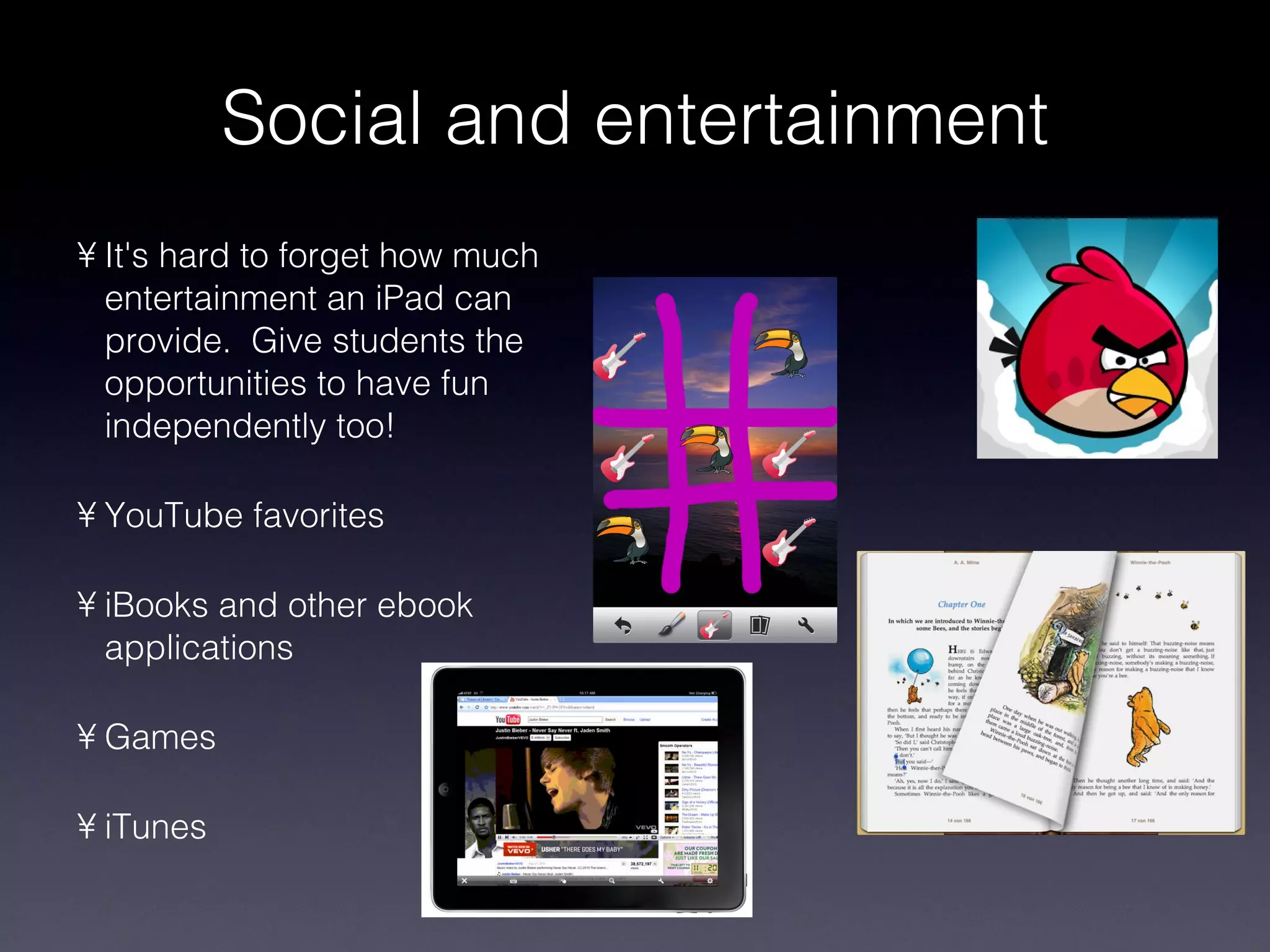 Social and entertainment It's hard to forget how much entertainment an iPad can provide.  Give students the opportunities to have fun independently too! YouTube favorites iBooks and other ebook applications Games iTunes  