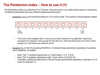 Business Decision Support
The Pemberton Index – How to use it (1)
The Pemberton Index is a scale from 0 to 10 points, that each person can easily obtain based on answering
12 different statements that cover different happiness dimensions:
- Questions 1 to 11 are answered based on a 0-10 point scale. The questions should appear rotated
- The score of the negative item “I have a lot of bad moments in my daily life” need to be
reversed. For instance, if the answer for this item is 2, them the final score is 8 (10-2). If the
answer is 4, the final score will be 6 (10-4)
- Question 12 is built of answering YES/NO to 10 simple things experienced yesterday (5 positives
and 5 negatives, all rotated
- Each “Yes “ in positive experiences is 1 point (items 1,3, 5, 7 & 9)
- Each “No” in negative experiences add 1 point. (items 2,4,6,8 & 10)
- Therefore, adding the total points in the ten things experimented yesterday, it provides a 0-10
score for Question 12
0 1 2 3 4 5 6 7 8 9 10
Totally
agree
Totally
disagree
 