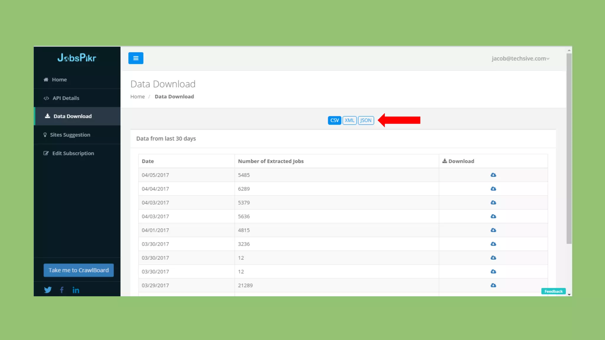 API details
You can alternatively get the data by querying
the JobsPikr API.The API details and
instructions on using it can be found by going
to the ‘API Details’ tab in the left sidebar.
 