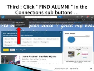 Third : Click “ FIND ALUMNI ” in the
Connections sub buttons …
10/11/2015jhayrutch@gmail.com 48
 