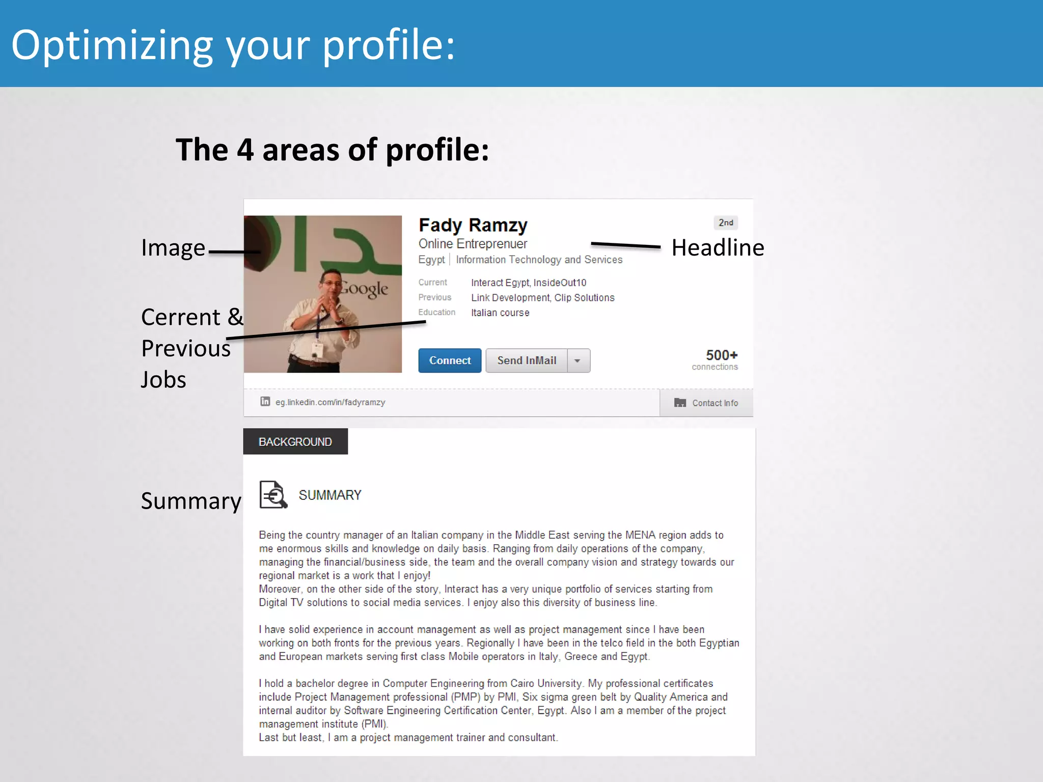 Optimizing your profile
The 4 areas of profile:
Optimizing your profile:
Image
Summary
Cerrent &
Previous
Jobs
Headline
 