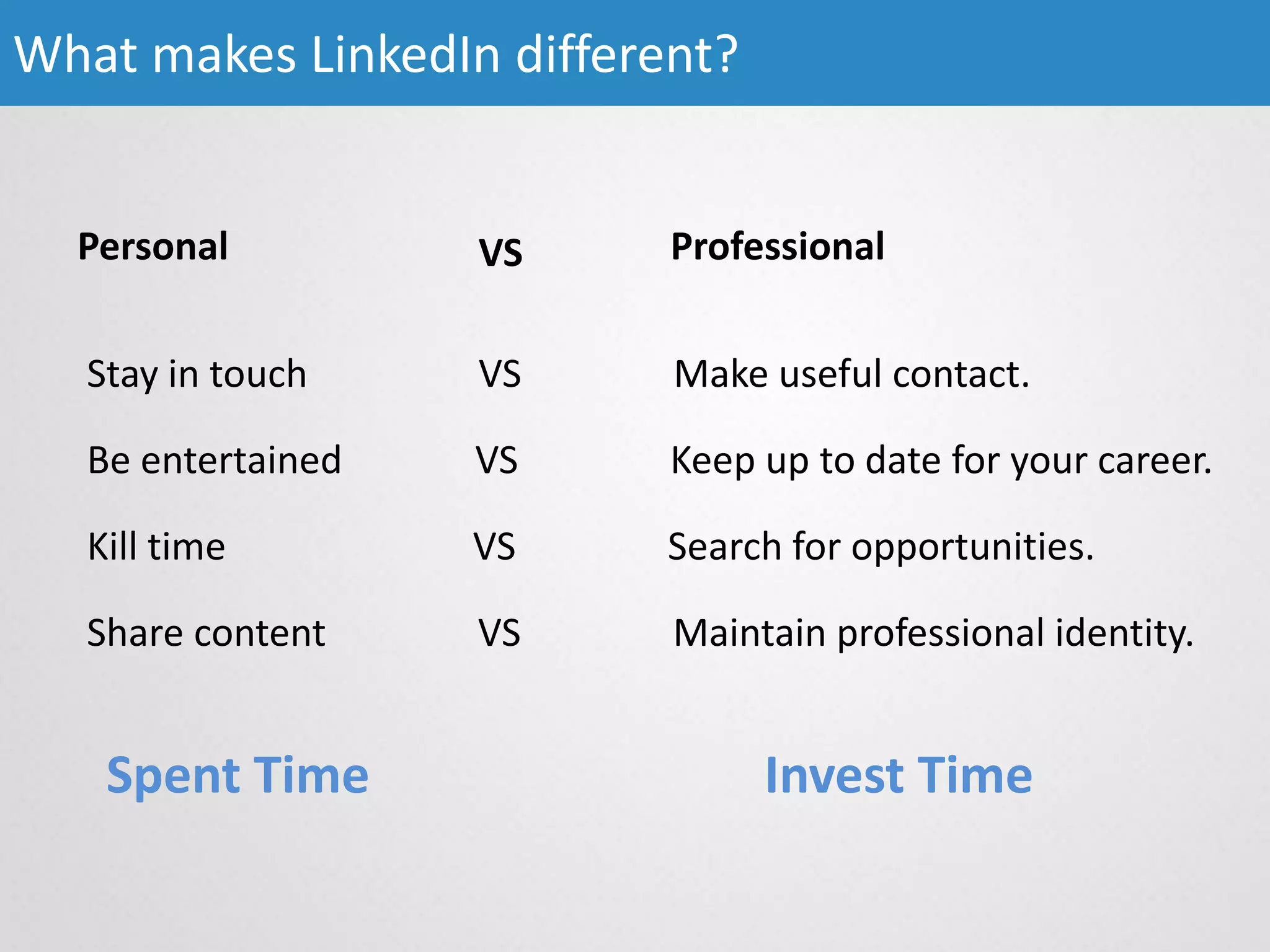 Stay in touch VS Make useful contact.
Be entertained VS Keep up to date for your career.
Kill time VS Search for opportunities.
Share content VS Maintain professional identity.
What makes LinkedIn different?
Personal Professional
Spent Time Invest Time
VS
 