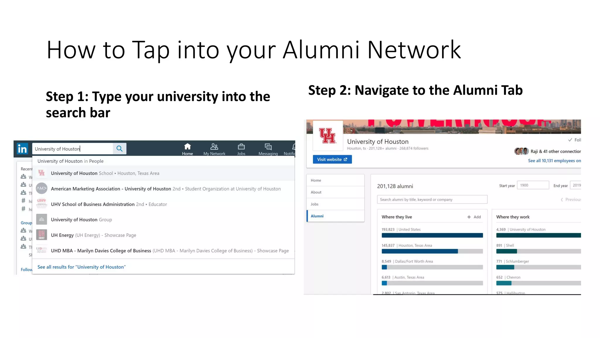 How to Tap into your Alumni Network
Step 1: Type your university into the
search bar
Step 2: Navigate to the Alumni Tab
 