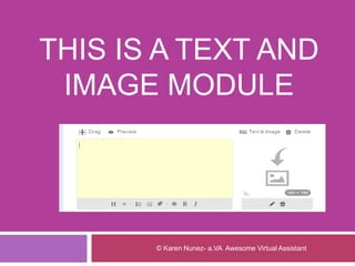 THIS IS A TEXT AND
IMAGE MODULE
© Karen Nunez- a.VA Awesome Virtual Assistant
 