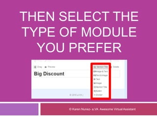 THEN SELECT THE
TYPE OF MODULE
YOU PREFER
© Karen Nunez- a.VA Awesome Virtual Assistant
 