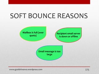 www.goaldrivenva.wordpress.com 275
SOFT BOUNCE REASONS
Mailbox is full (over
quota)
Recipient email server
is down or offline
Email message is too
large
 