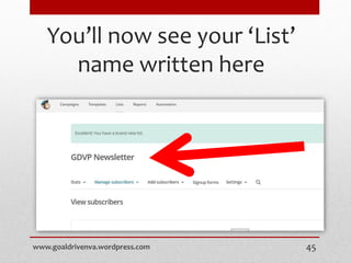 You’ll now see your ‘List’
name written here
www.goaldrivenva.wordpress.com 45
 