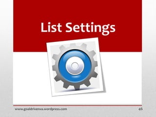 List Settings
www.goaldrivenva.wordpress.com 46
 