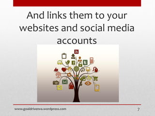 And links them to your
websites and social media
accounts
www.goaldrivenva.wordpress.com 7
 