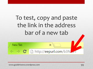 To test, copy and paste
the link in the address
bar of a new tab
www.goaldrivenva.wordpress.com 99
 