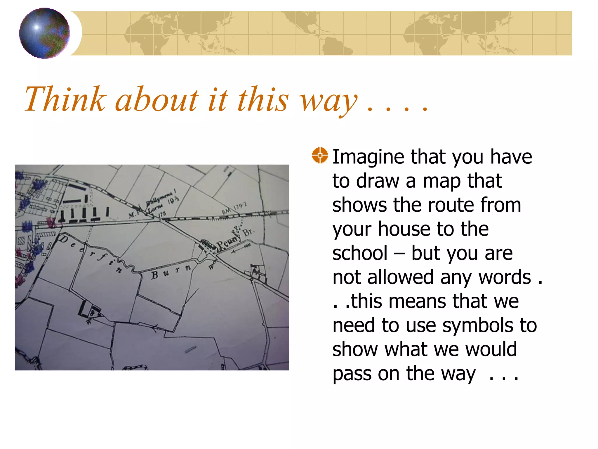 Think about it this way . . . . Imagine that you have to draw a map that shows the route from your house to the school – but you are not allowed any words . . .this means that we need to use symbols to show what we would pass on the way  . . . 