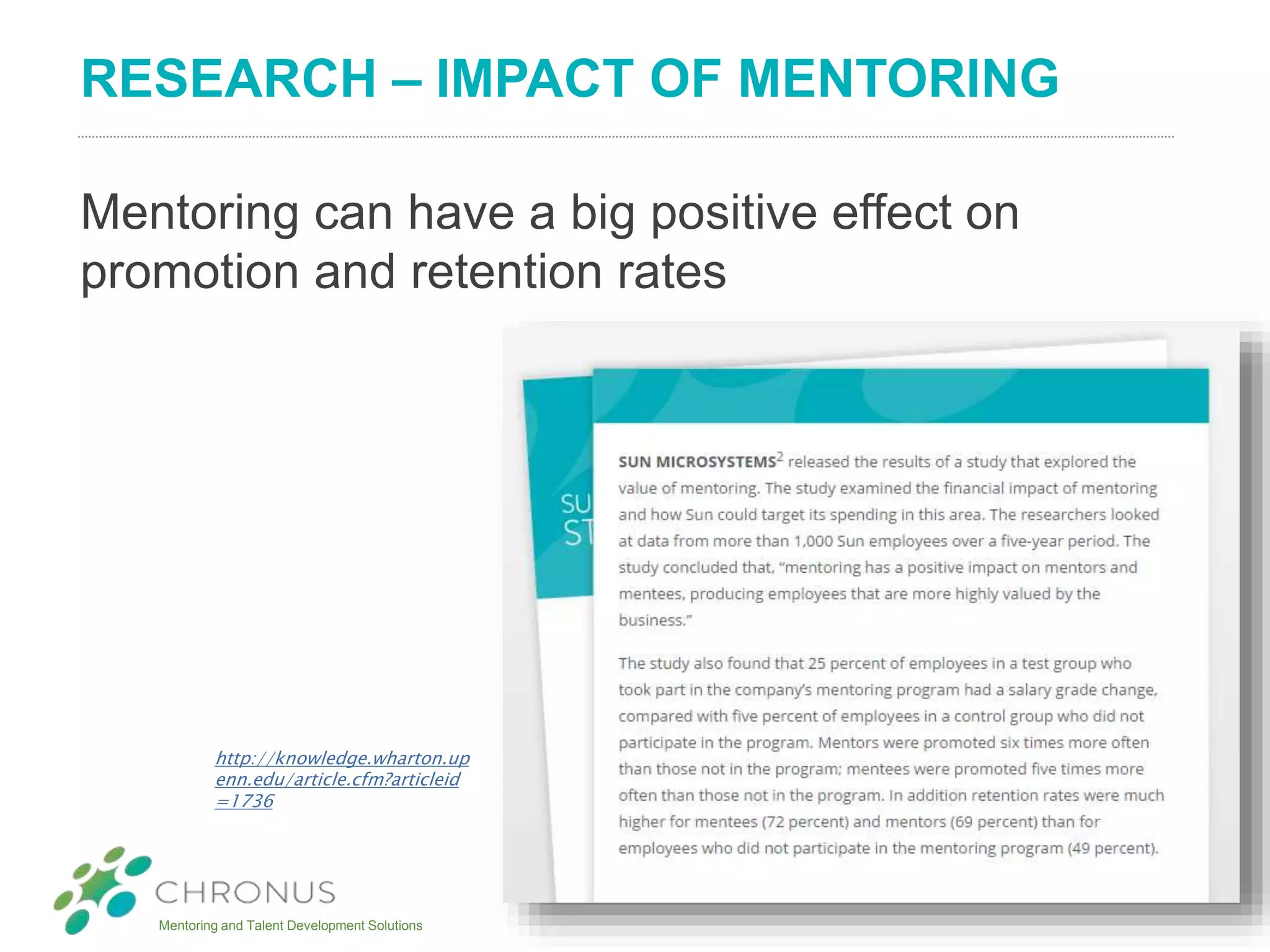 Mentoring and Talent Development Solutions
RESEARCH – IMPACT OF MENTORING
Mentoring can have a big positive effect on
promotion and retention rates
http://knowledge.wharton.up
enn.edu/article.cfm?articleid
=1736
 