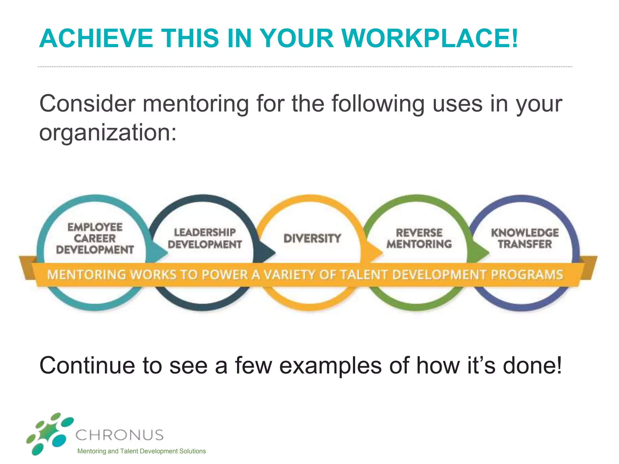 Mentoring and Talent Development Solutions
ACHIEVE THIS IN YOUR WORKPLACE!
Consider mentoring for the following uses in your
organization:
Continue to see a few examples of how it’s done!
 