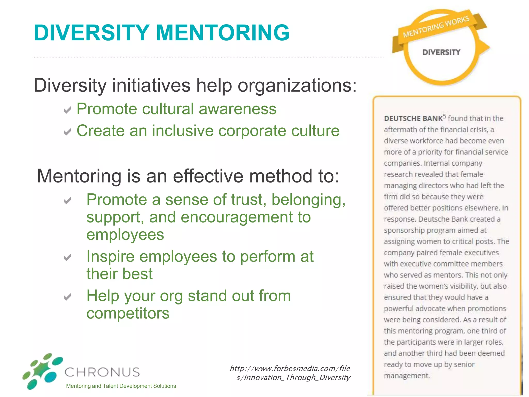 Mentoring and Talent Development Solutions
DIVERSITY MENTORING
Diversity initiatives help organizations:
Promote cultural awareness
Create an inclusive corporate culture
Mentoring is an effective method to:
 Promote a sense of trust, belonging,
support, and encouragement to
employees
 Inspire employees to perform at
their best
 Help your org stand out from
competitors
http://www.forbesmedia.com/file
s/Innovation_Through_Diversity
 