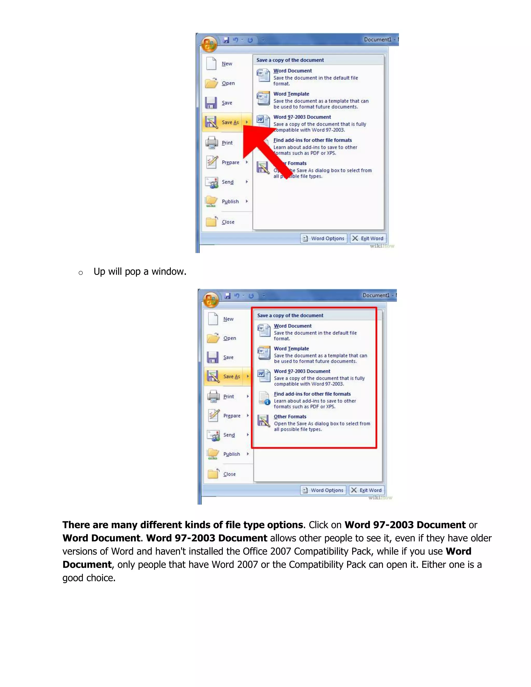 o Up will pop a window.
There are many different kinds of file type options. Click on Word 97-2003 Document or
Word Document. Word 97-2003 Document allows other people to see it, even if they have older
versions of Word and haven't installed the Office 2007 Compatibility Pack, while if you use Word
Document, only people that have Word 2007 or the Compatibility Pack can open it. Either one is a
good choice.
 