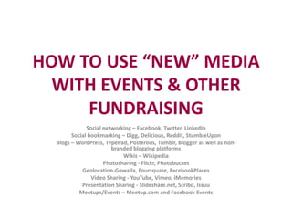 HOW TO USE “NEW” MEDIA
  WITH EVENTS & OTHER
     FUNDRAISING
              Social networking – Facebook, Twitter, LinkedIn
        Social bookmarking – Digg, Delicious, Reddit, StumbleUpon
  Blogs – WordPress, TypePad, Posterous, Tumblr, Blogger as well as non-
                        branded blogging platforms
                            Wikis – Wikipedia
                     Photosharing - Flickr, Photobucket
            Geolocation-Gowalla, Foursquare, FacebookPlaces
                Video Sharing - YouTube, Vimeo, iMemories
            Presentation Sharing - Slideshare.net, Scribd, Issuu
           Meetups/Events – Meetup.com and Facebook Events
 