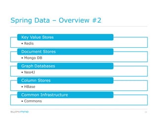 Spring Data – Overview #2

  Key Value Stores
  • Redis

  Document Stores
  • Mongo DB

  Graph Databases
  • Neo4J

  Column Stores
  • HBase

  Common Infrastructure
  • Commons

                            11
 