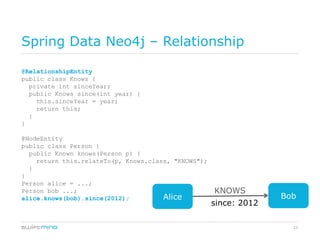 Spring Data Neo4j – Relationship

@RelationshipEntity
public class Knows {
  private int sinceYear;
  public Knows since(int year) {
    this.sinceYear = year;
    return this;
  }
}

@NodeEntity
public class Person {
  public Known knows(Person p) {
    return this.relateTo(p, Knows.class, "KNOWS");
  }
}
Person alice = ...;
Person bob ...;                                      KNOWS
alice.knows(bob).since(2012);         Alice                        Bob
                                                     since: 2012

                                                                     23
 