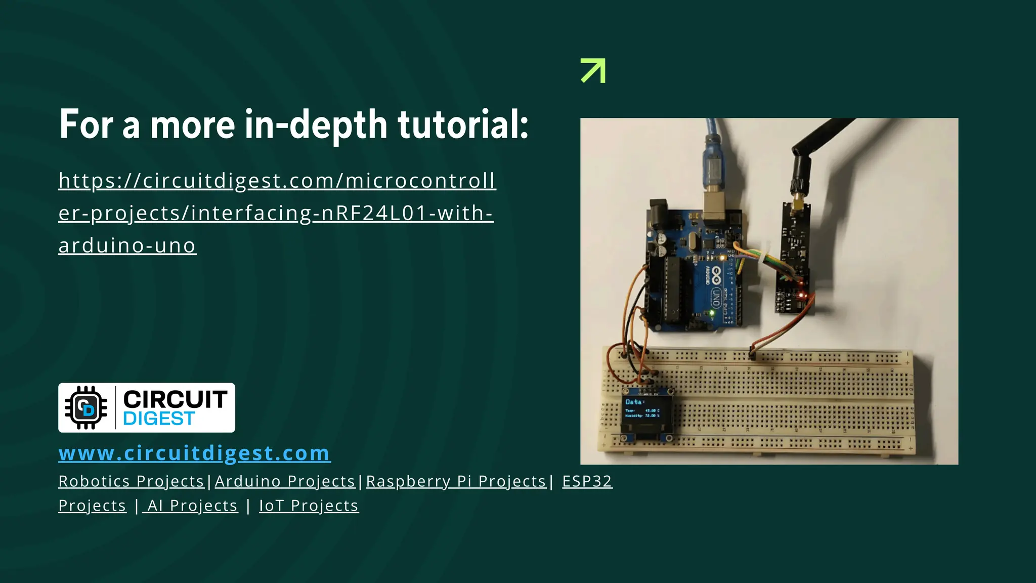 For a more in-depth tutorial: https://circuitdigest.com/microcontroll er-projects/interfacing-nRF24L01-with- arduino-uno www.circuitdigest.com Robotics Projects|Arduino Projects|Raspberry Pi Projects| ESP32 Projects | AI Projects | IoT Projects 