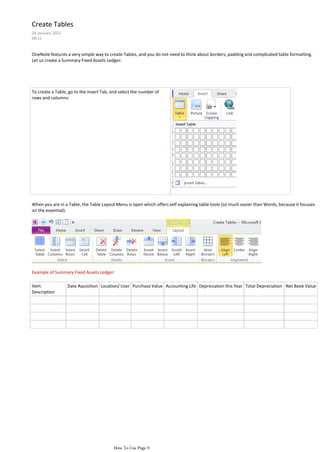 Create Tables
24 January 2012
09:11


OneNote features a very simple way to create Tables, and you do not need to think about borders, padding and complicated table formatting.
Let us create a Summary Fixed Assets Ledger:




To create a Table, go to the Insert Tab, and select the number of
rows and columns:




When you are in a Table, the Table Layout Menu is open which offers self explaining table tools (so much easier than Words, because it focuses
on the essential):




Example of Summary Fixed Assets Ledger:

Item              Date Aquisition Location/ User Purchase Value Accounting Life Depreciation this Year Total Depreciation Net Book Value
Description




                                         How To Use Page 9
 